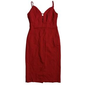 Haute Monde Red V Neck Spaghetti Strap Button Detail Bodycon Midi Dress Size M